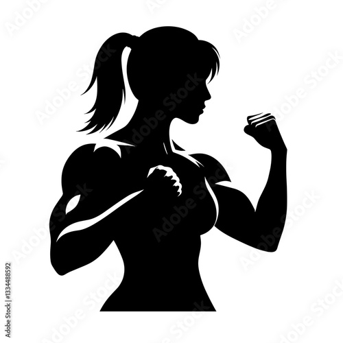 Strong female fighter in combat stance silhouette