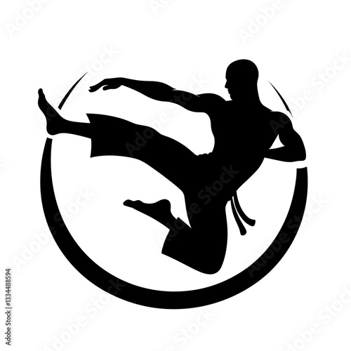 Male martial artist performing flying kick silhouette