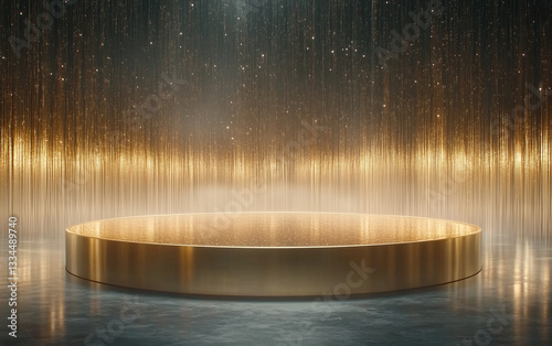 Golden Podium with Sparkling Background for Product Display, Presentation, or Award Ceremony.