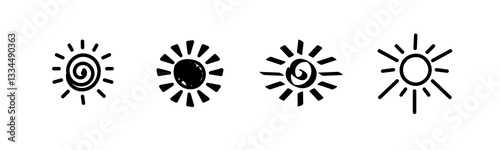 Explore these four unique sun icons, each with its own style, ideal for graphic projects.