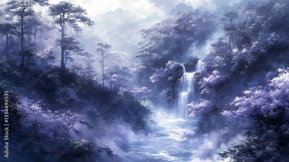 Waterfall and Mist in a Forest Glade with Purple Flowers Dreamy Landscape Nature Painting Style Art Waterfall and Mist in a Forest Glade with Purple Flowers Dreamy Landscape Nature Painting Style Art
