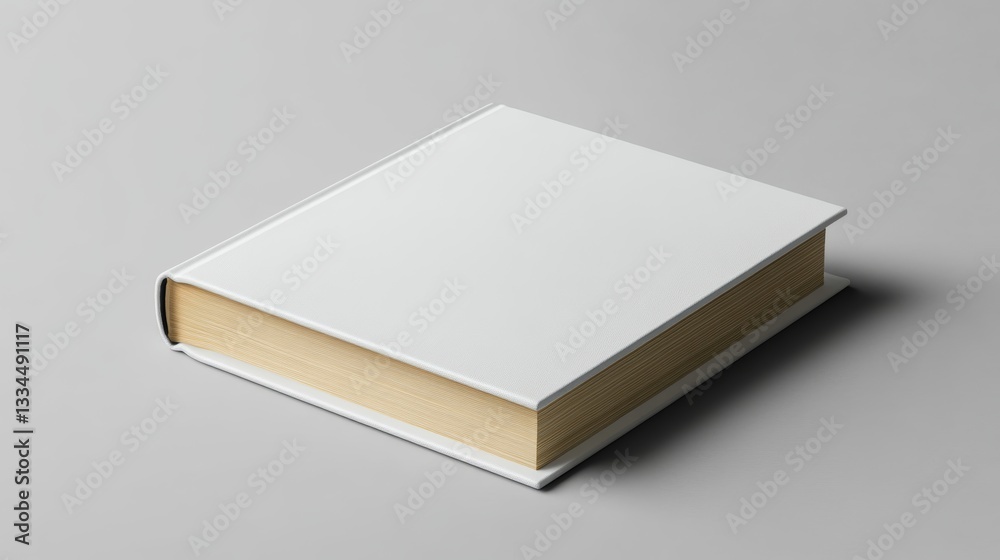 Close-up studio shot of a blank white hardcover book with textured cover and beige pages resting on a neutral gray surface, ideal for mockups