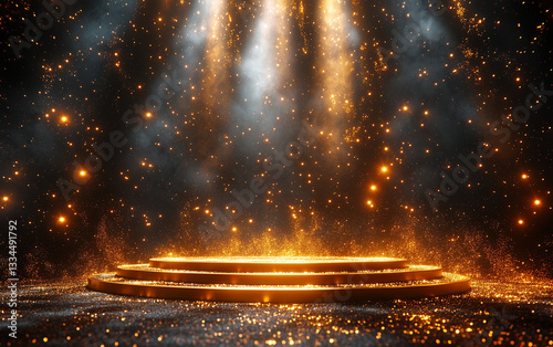 Golden Stage with Spotlight and Glittering Particles on Dark Background for Presentation