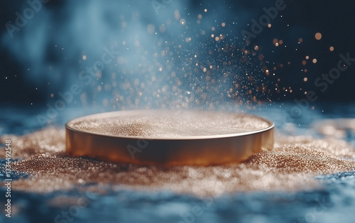 Golden Podium with Glittering Particles on Blue Surface for Product Display and Presentation