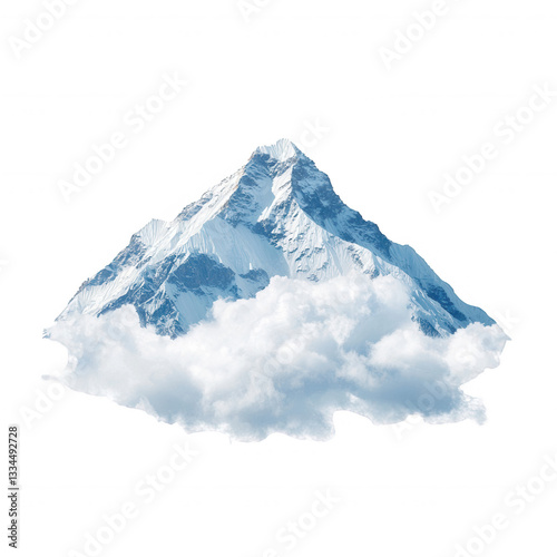 Majestic mountain peak surrounded by clouds, white isolated background