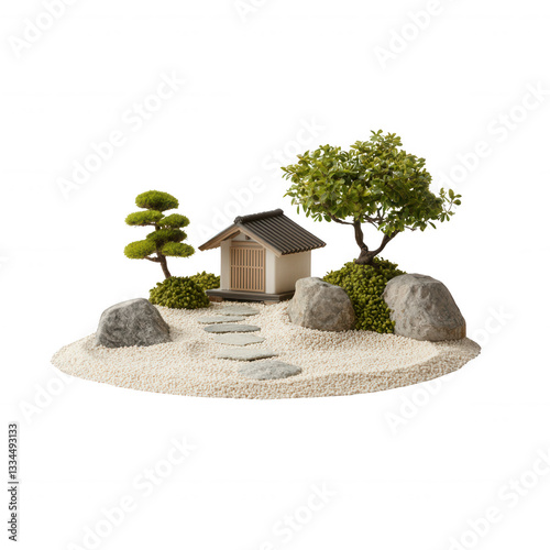 Miniature zen garden with rocks, trees, and a small building on white background.