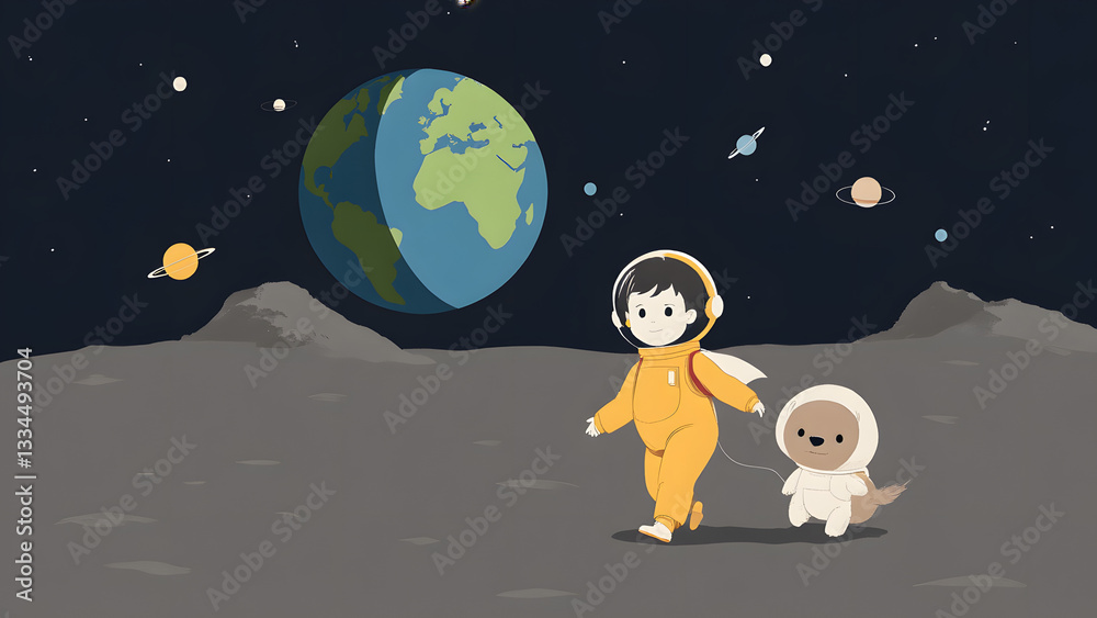 Naklejka premium Exploring the Cosmos: A charming astronaut and a friendly space dog embark on a captivating journey on the surface of the moon, Earth majestically suspended in the starry sky.