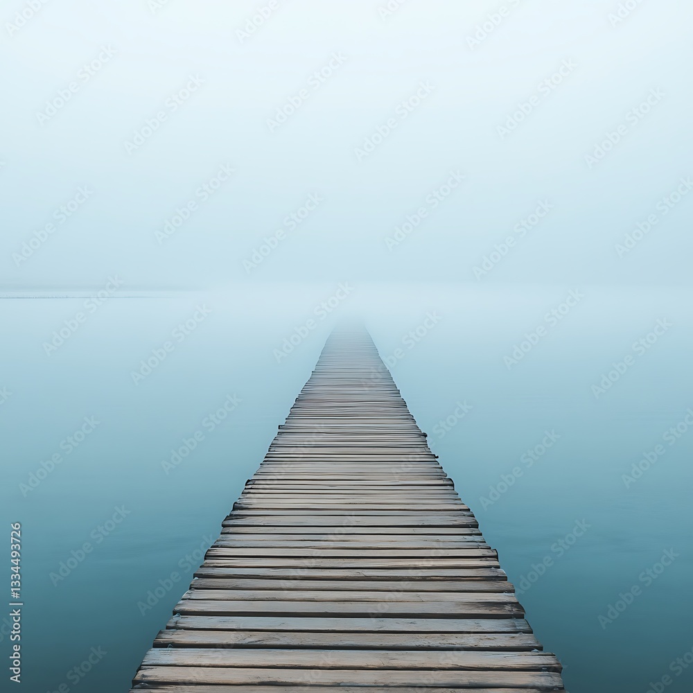 Fototapeta premium Wooden Pier Vanishing into a Serene Mist on the Water Surface Creating Peaceful Visual Journey