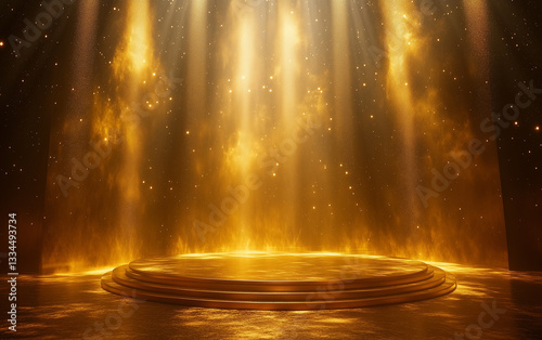 Golden Stage with Light Rays and Sparkles for Product Presentation or Event