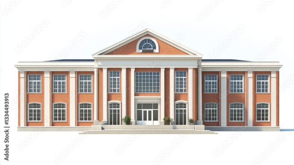 Fototapeta premium An impressive red brick structure features tall pillars and large windows, exuding a timeless elegance