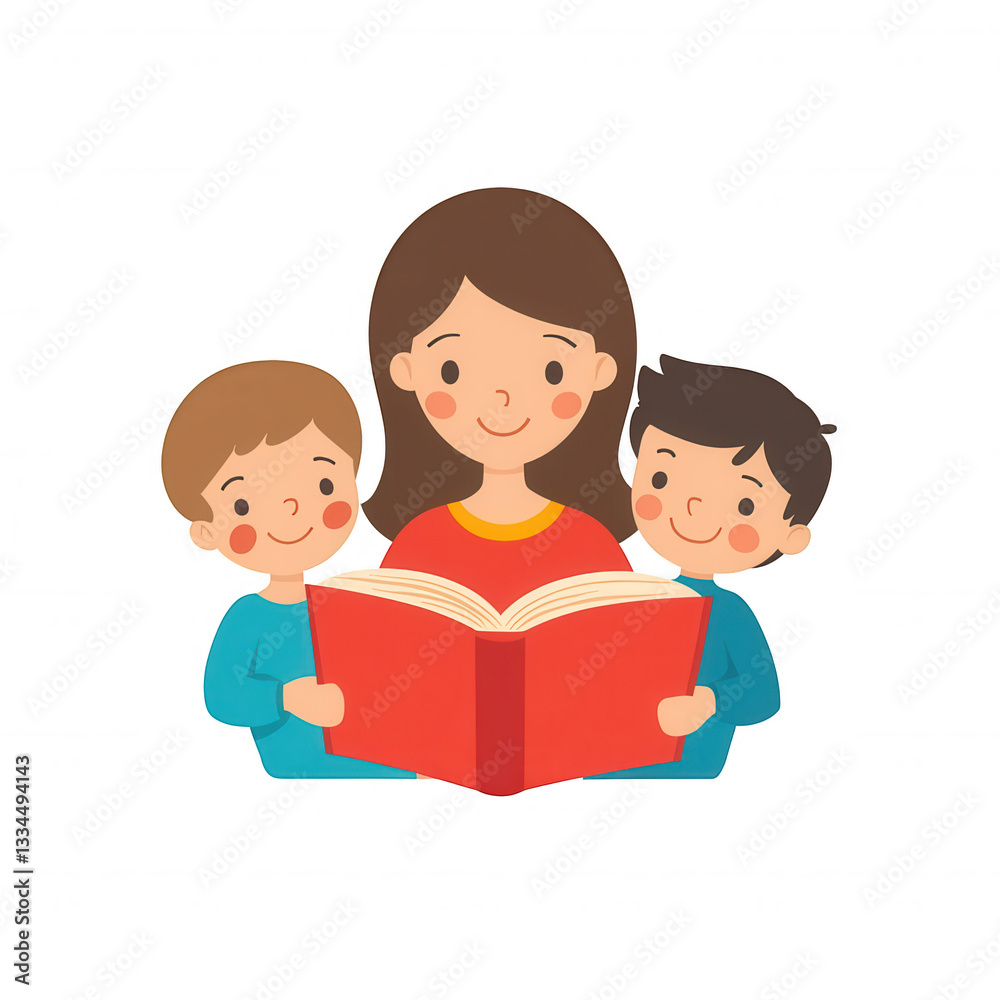 Mother reading a book to children, colorful illustration, white isolated background Mother reading a book to children, colorful illustration, white isolated background