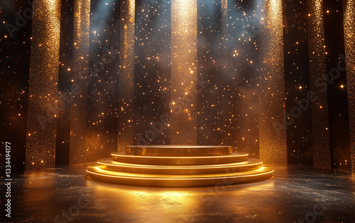 Golden Stage with Spotlights and Glittering Background, Perfect for Product Presentation or Awards Ceremony