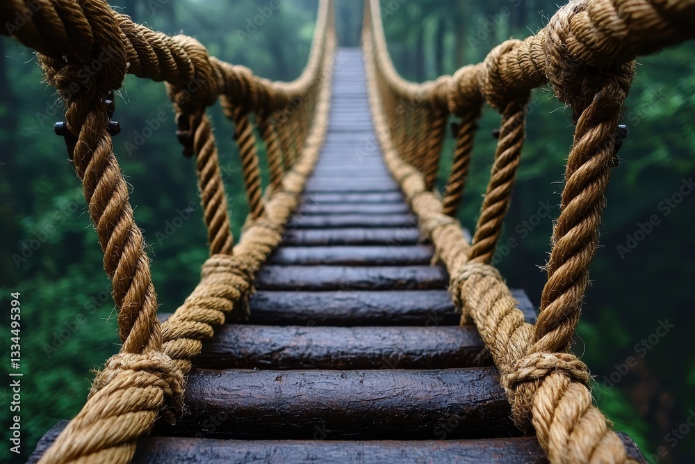 Fototapeta premium close up view of rope bridge over ravine, showcasing sturdy wooden planks and thick ropes. lush greenery in background adds serene and adventurous atmosphere