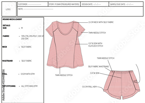 Nightwear wide neck short sleeve t-shirt and shorts apparel technical tech pack.