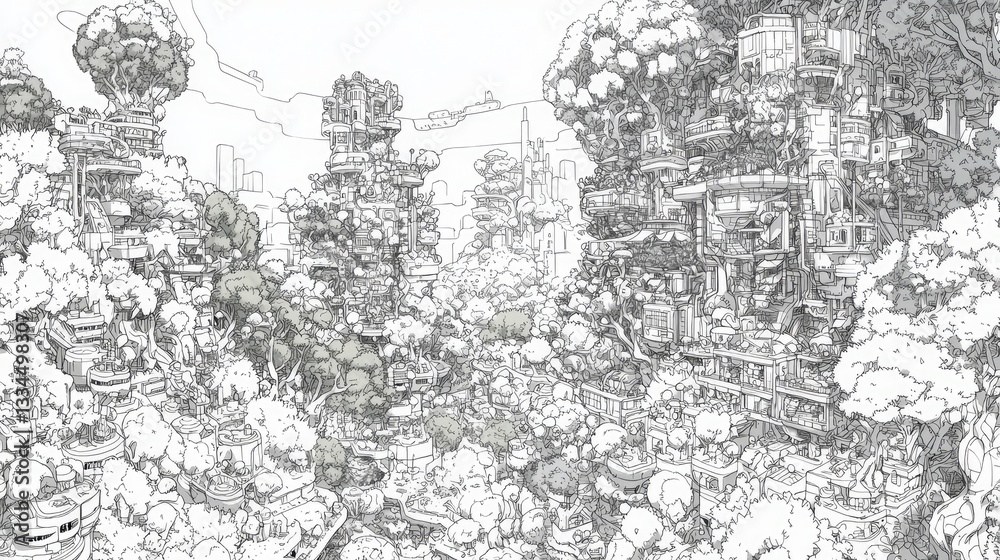 Fototapeta premium Line art Buildings and trees blending in a forest setting, great for coloring book illustration