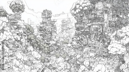 Line art Buildings and trees blending in a forest setting, great for coloring book illustration