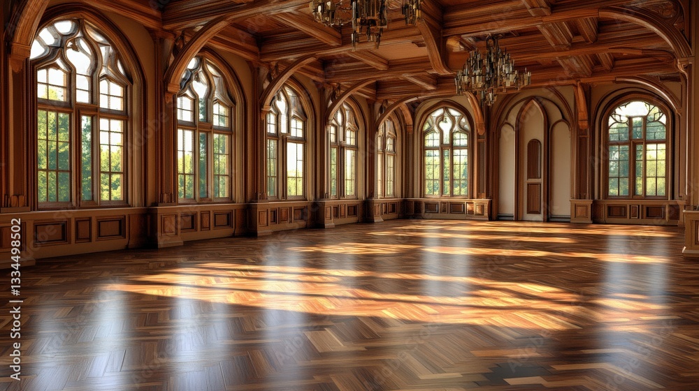 Fototapeta premium Elegant vintage interior of a grand hall with wooden floors and large ornate windows