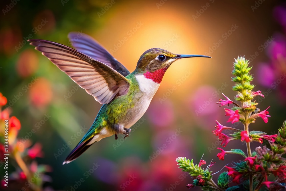 Fototapeta premium Hummingbird in Flight, Low Light Wildflower Nectar