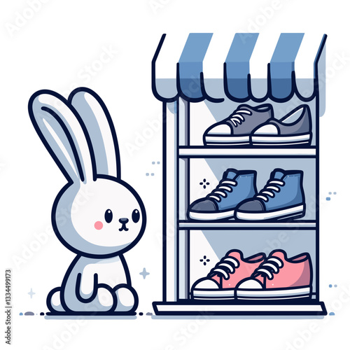 Bunny by shoe display rack with blue and pink sneakers on white background. Vector illustration perfect for retail business, footwear shopping, or fashion store conceptual designs.