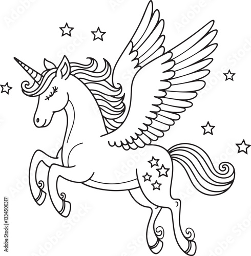 A coloring page of a Cute unicorn line with wings flying through the sky drawing for the coloring page Vector illustration.
