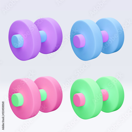 Blue, green, pink, purple, violet Dumbbell Realistic icon, 3d render. Isolated on white backround. Sport And Fitness design set. Vector illustration for shop, flyer, banner, web, advertising, sale