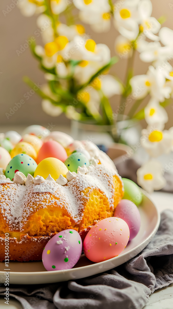 Fototapeta premium A cake on a plate with colorful eggs on top of it