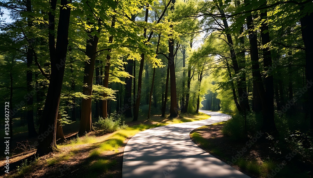 Fototapeta premium Sunlit path winding through lush green forest. (2)