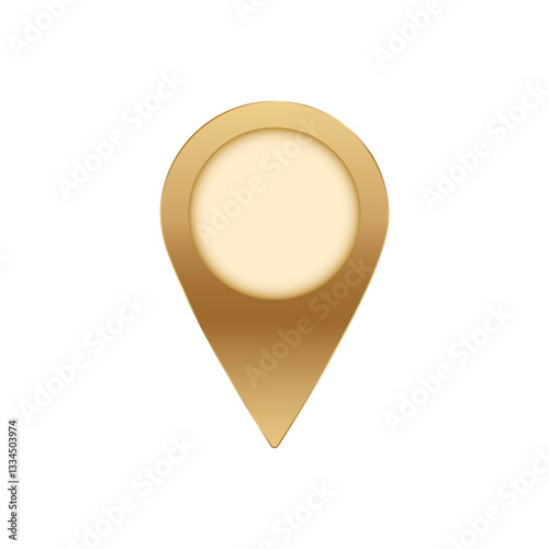A bright golden map pin icon with a shiny effect and rounded center for gps and navigation purposes.