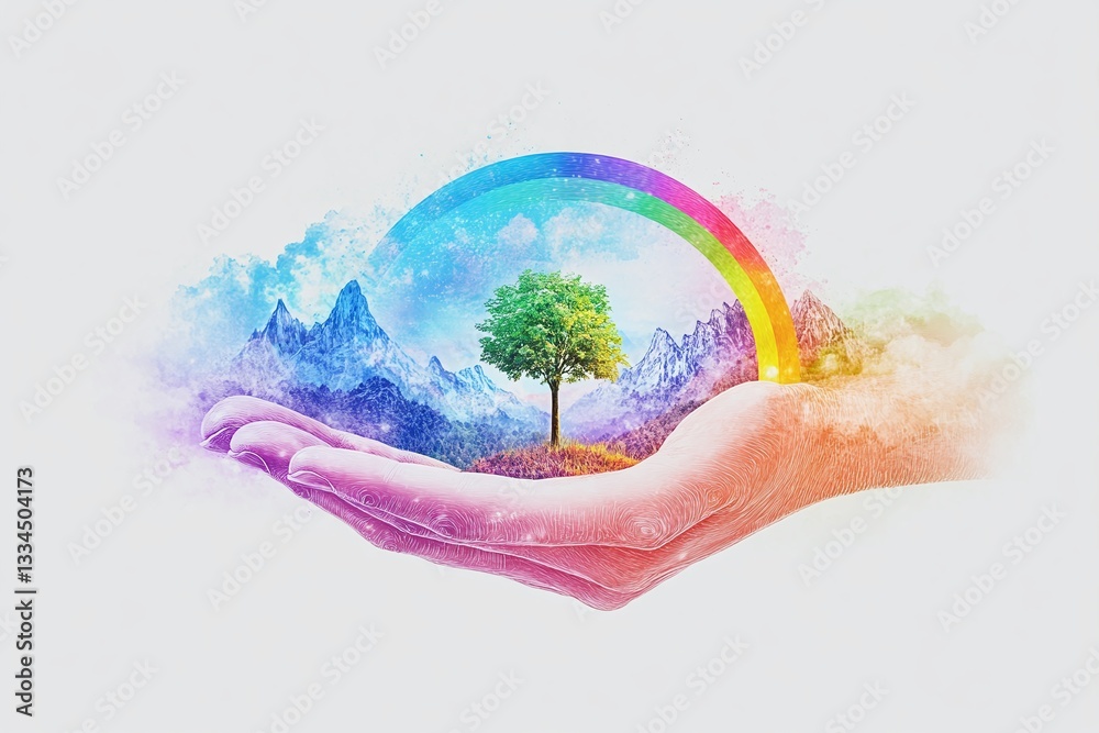 Fototapeta premium World Environment Day Concept, Illustration design of a green world and rainbow