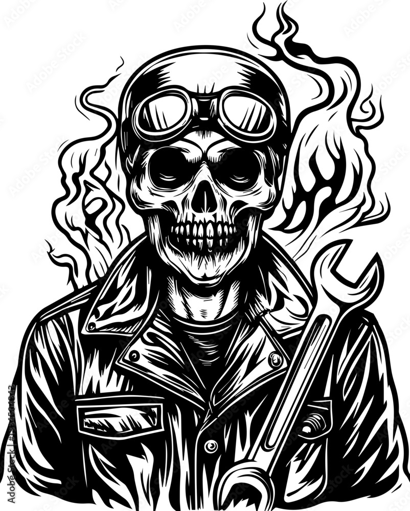 Fototapeta premium Demonic mechanic design in SVG and vector format.Skull Mechanic with Wrench and Smoke in Gothic Style Art