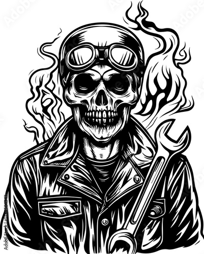 Demonic mechanic design in SVG and vector format.Skull Mechanic with Wrench and Smoke in Gothic Style Art