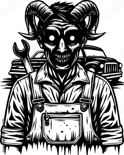 Demonic mechanic design in SVG and vector format.Dark Fantasy Mechanic with Horns and Vintage Car Background