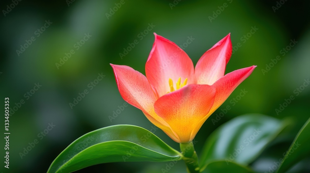 Fototapeta premium A vibrant flower with red and yellow petals stands out against a blurred green background, showcasing natural beauty and elegance.