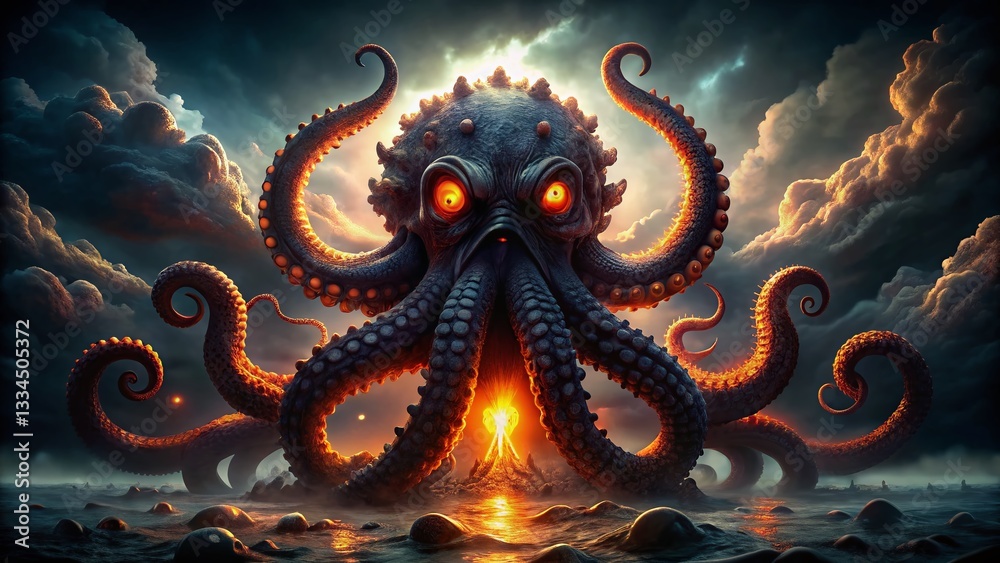 Fototapeta premium Legendary Kraken Silhouette: Fiery Eyed Octopus Monster - Horror Fantasy Stock Photo