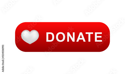 Red donate button with a white heart icon and the word donate for online charity platforms.