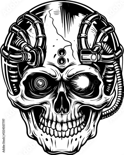 Electric welding mechanic with a skull-themed design in SVG and vector format.Futuristic Cybernetic Skull with Mechanical Attachments Design