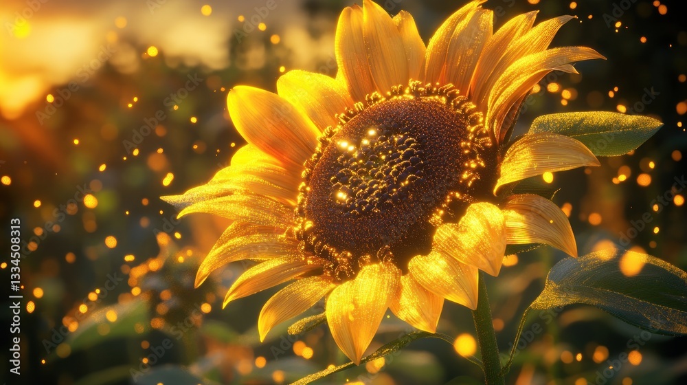 Naklejka premium Golden Sunflower Sunset Field Magic Dust