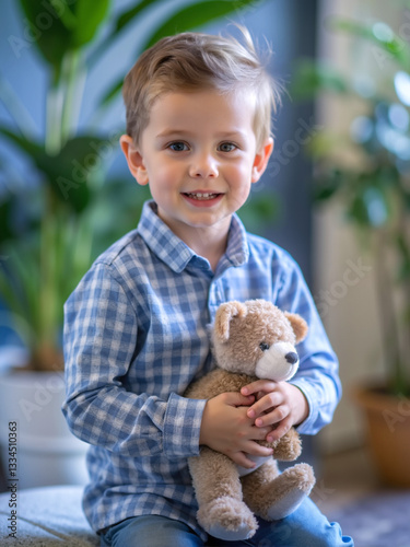 A young boy is holding a teddy bear and smiling. Concept of warmth and happiness, as the boy appears to be enjoying his time with the stuffed animal