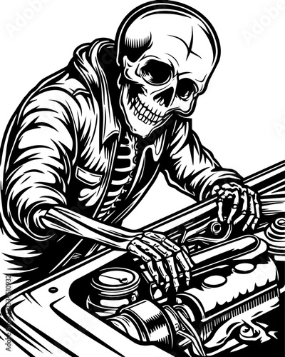 Garage engine mechanic with skull design in SVG and vector format.Skeleton Mechanic Working on Engine in Vintage Style Illustration