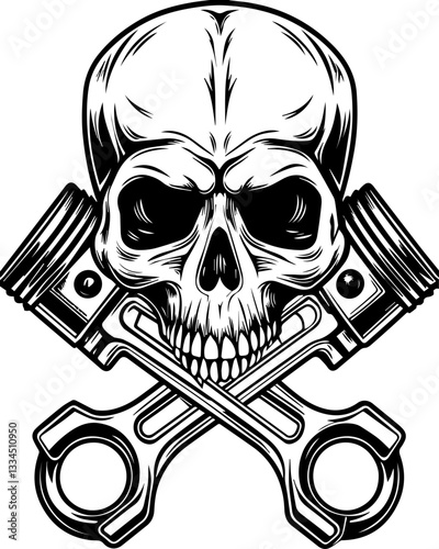 Garage engine mechanic with skull design in SVG and vector format.Skull with Crossed Pistons and Wrenches for Mechanical Design