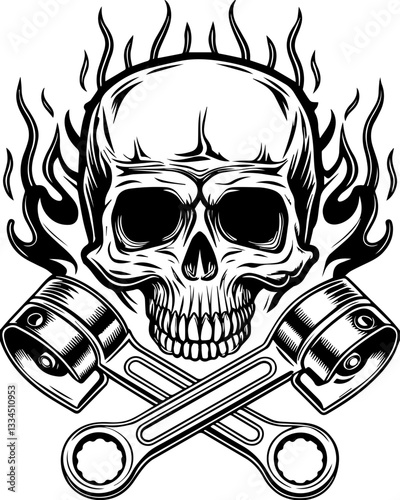 Garage engine mechanic with skull design in SVG and vector format.Skull and Wrenches Design with Flames for Edgy Themes