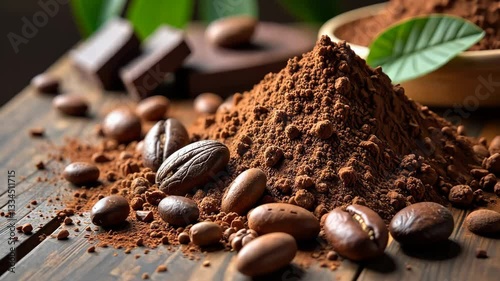 A pile of chocolate and coffee beans. The chocolate is in the form of a bar and a pile of powder
