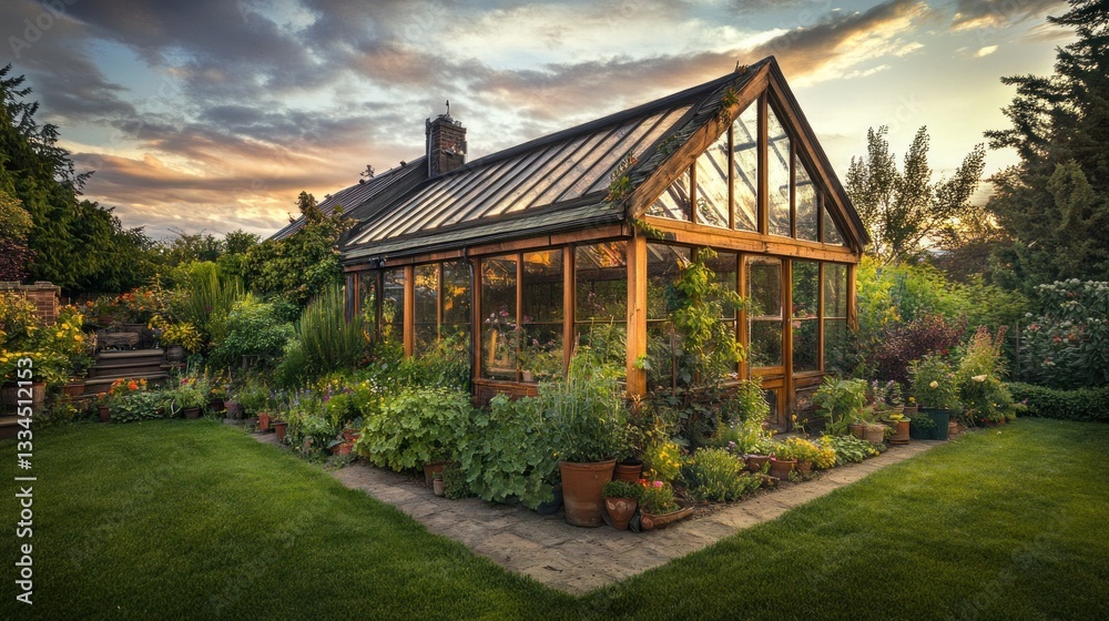 Fototapeta premium Sunset Garden Greenhouse, Plants, Home, Backyard, Landscape, Flowers, Stone Path, Growth