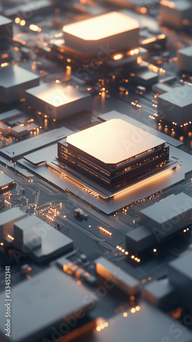 Advanced microchip technology displayed with layered processor units on a high-tech motherboard.

