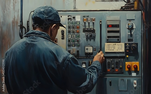 A technician operates a complex control panel in an industrial setting, showcasing expertise and precision in managing machinery and equipment.
