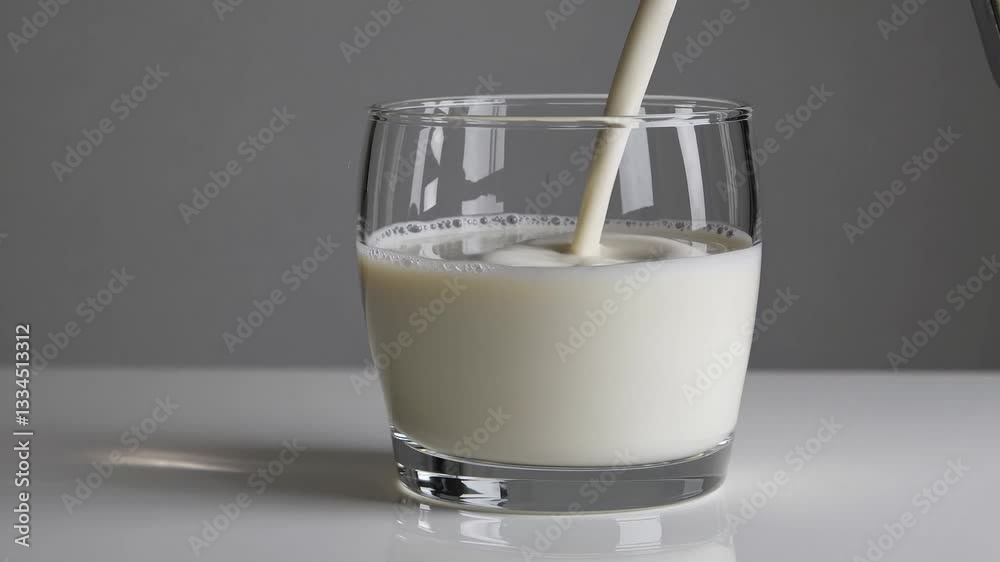 Cascading milk streaming into pristine glass, creating smooth flow against minimalist gray backdrop with pure, fresh dairy essence Cascading milk streaming into pristine glass, creating smooth flow against minimalist gray backdrop with pure, fresh dairy essence
