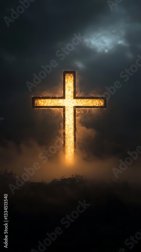 Illuminated Cross Glowing Amongst Dark Stormy Clouds and Smoke