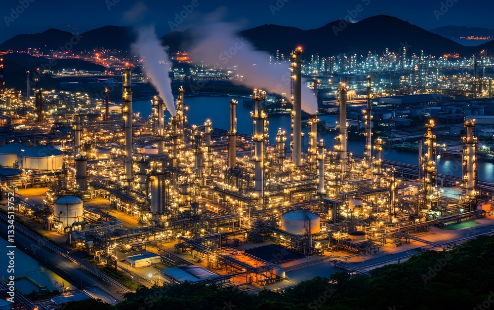 Fototapeta premium A vibrant night view of a bustling industrial complex, featuring illuminated factories and smokestacks against a backdrop of mountains and city lights.