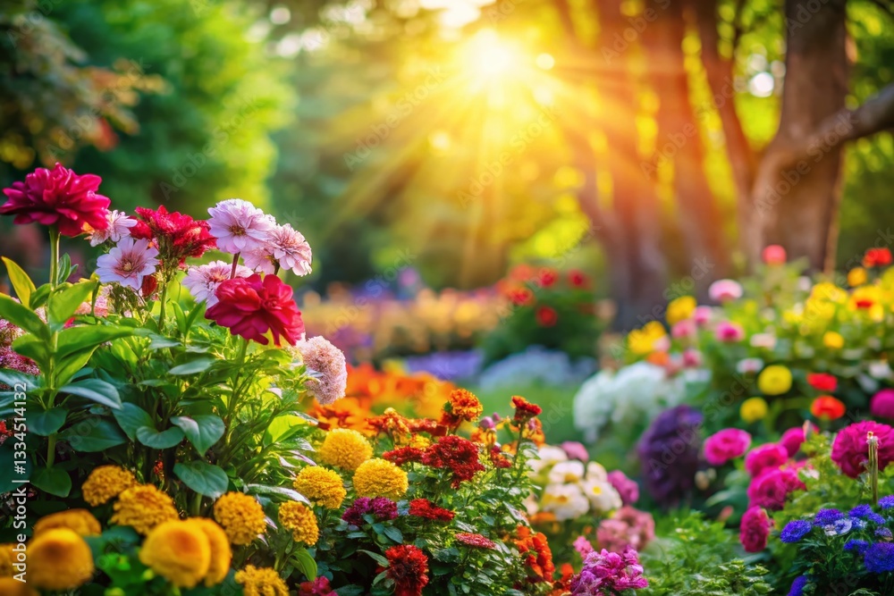 Lush Garden Paradise: Vibrant Flowers and Greenery with High Depth of Field