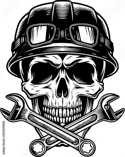 Mechanical cyborg mechanic with skull design in SVG and vector format. Skeleton with Helmet and Wrenches for Creative Designs